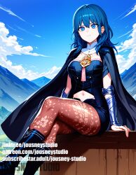 ai_generated armlet armor bangs belt black_armor black_cape black_footwear black_legwear black_shorts blue_eyes blue_hair blue_sky bodice boots breasts brown_pantyhose bustier byleth_(fire_emblem) byleth_(fire_emblem)_(female) cape capelet cleavage cleavage_cutout cloak closed_mouth clothing clothing_cutout cloud coat crossed_legs day english_text female female_only fire_emblem fire_emblem:_three_houses floral_print footwear hair_between_eyes high_heel_boots high_heels jewelry jousneystudio knee_boots knee_pads lace-trimmed_legwear lace_trim large_breasts legwear legwear_under_shorts long_hair looking_at_viewer medium_hair midriff navel navel_cutout nintendo outdoors pantyhose pantyhose_under_shorts patterned_clothing print_legwear shoes short_shorts short_sleeves shorts shoulder_armor sitting sky solo tassel teacher thighs turtleneck vambraces waist_cape
