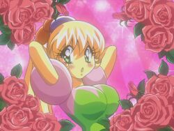 1girls blonde_hair blush breasts female fumu-tan green_eyes image kirby:_right_back_at_ya! kirby_(series) long_ponytail mouth_open pink_background ponytail pose roses solo tiff_(kirby) yellow_skin yellow_skinned_female