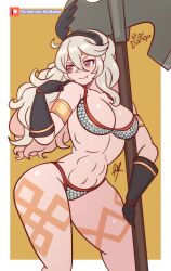 1girls abs amazon_(dragon's_crown)_(cosplay) athletic_female bare_thighs blush chainmail chainmail_bikini cleavage corrin_(fire_emblem) corrin_(fire_emblem)_(female) fangs female female_only fire_emblem fire_emblem_fates fit_female gloves grey_hair large_breasts leg_tattoo long_hair nintendo pointing pointing_at_self raydango red_eyes tattoo thighs