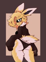 anthro anthro_only ass eeveelution female female_only furry furry_only jolteon looking_at_viewer looking_back no_humans panties pokemon pokemon_(species) smile solo sweater