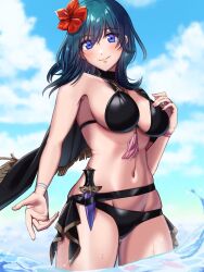 1girls alternate_costume bare_shoulders beach belt bikini black_bikini black_swimsuit blue_eyes blue_sky blush breasts byleth_(female)_(fire_emblem) byleth_(female)_(summer)_(fire_emblem) byleth_(fire_emblem) byleth_(fire_emblem)_(female) byleth_(fire_emblem)_(female)_(summer) byleth_(summer)_(fire_emblem)_(female) capelet cleavage closed_mouth cowboy_shot dagger female female_only fire_emblem fire_emblem:_three_houses fire_emblem_heroes flower flower_in_hair groin hair_between_eyes hair_flower hair_ornament halterneck hibiscus highres intelligent_systems knife large_breasts light-skinned_female light_skin long_hair looking_at_viewer medium_hair navel nintendo ocean official_alternate_costume outdoors partially_submerged revealing_clothes revision sand sandals sideboob sky smile solo sunny swimsuit tassel upper_body ushiroki weapon wet