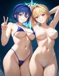 2girls ahoge ai_generated alternate_breast_size arched_back arcueid_brunestud armpits arms_behind_back bedroom_eyes big_breasts bikini blonde_hair blue_hair bra breasts_bigger_than_head ciel_(tsukihime) curvy female_pervert glasses hands_behind_head hips huge_boobs huge_breasts human large_boobs large_breasts melty_blood panties posing red_eyes seducing seducing_viewer short_hair skimpy_bikini swimsuit top_heavy tsukihime type-moon vampire vampire_girl wide wide_hips