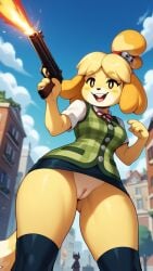 ai_generated animal_crossing anime_model_otakureliableenable(model) anthro bottomless butt_from_the_front female from_below furry happy holding_gun holding_object isabelle_(animal_crossing) miniskirt open_mouth outdoors pantyless pussy shirt shooting_gun socks stable_diffusion