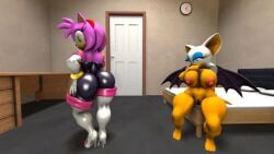 2girls 3d 3d_model alternate_breast_size amy_rose amy_the_bat bodysuit bubble_butt curvy female female_only looking_back mobian mobian_(species) mobian_bat multiple_girls naked_female pinup_pose rouge_the_bat rouge_the_bat_(cosplay) sega sonic_(series) sonic_adventure_2 sonic_the_hedgehog_(series) spandex_suit yuri