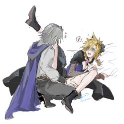 ! 17_ffviisc 2boys aged_down blonde_hair blue_eyes blush boots cape cloud_strife cloud_strife_(blue_dress) commentary_request couple crossdressing crying crying_with_eyes_open final_fantasy final_fantasy_vii final_fantasy_vii_ever_crisis final_fantasy_vii_remake grey_hair hand_on_another's_thigh heart highres long_hair long_sleeves male_focus multiple_boys official_alternate_costume on_bed open_mouth sephiroth shaking sheet_grab short_hair spiked_hair spread_legs squatting sweat tears twitter_username yaoi