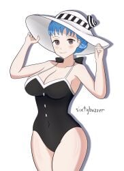 1girls alternate_costume atlus big_breasts black_one-piece_swimsuit black_swimsuit blue_hair breasts brown_eyes cosplay crossover female female_only fire_emblem fire_emblem:_three_houses haru_okumura_(cosplay) hat large_breasts marianne_von_edmund megami_tensei nintendo one-piece_swimsuit persona persona_5 sixtybuzzer solo swimsuit thick_thighs voice_actor_connection