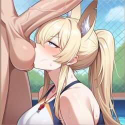 ai_generated animal_ears blonde_hair blue_archive blue_eyes blush competition_swimsuit dog_girl heart-shaped_pupils huge_balls huge_breasts huge_breasts huge_cock huge_cock huge_testicles kanna_(blue_archive) kanna_(swimsuit)_(blue_archive) kao140522 kissing_balls kissing_testicles one-piece_swimsuit ponytail sucking_balls sucking_testicles sweat white_one-piece_swimsuit