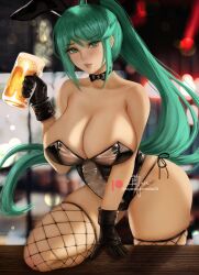 1girls alcohol beer beer_glass breasts bunny_ears choker fake_animal_ears fishnets gloves green_eyes green_hair holding_beer large_breasts leotard looking_at_viewer nintendo playboy_bunny pneuma_(xenoblade) ponytail see-through see-through_leotard weisart xenoblade_(series) xenoblade_chronicles_2