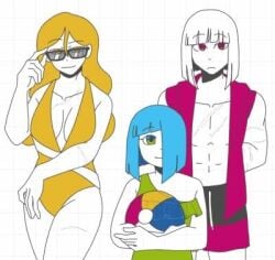 1male 1woman agate_lightvale amber_lightvale blue_hair clothes copper_lightvale female glasses glitchtale green_swimsuit orange_hair orange_swimsuit smiling summer swimsuit white_background