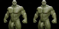 3d_(artwork) abs absurd_res balls digital_media_(artwork) duo fangs genitals green_body green_skin hairy hi_res humanoid humanoid_pointy_ears male muscular muscular_humanoid muscular_male nipples not_furry orc orc_male pecs penis teeth vein veiny_penis voluox