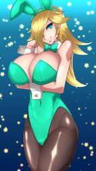 1girls blonde_hair blue_eyes blue_leotard breasts bunny_ears byakkun_(byakkun8181) earrings fake_animal_ears hair_over_one_eye large_breasts leotard long_hair looking_at_viewer mario_(series) nintendo pantyhose playboy_bunny princess_rosalina star_earrings wrist_cuffs