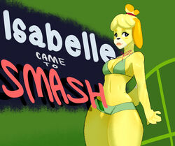 animal_crossing anthro bikini breasts canid canine canis clothing english_text female fur furry furry_only isabelle_(animal_crossing) nintendo popogori small_breasts solo super_smash_bros. tail text thick_thighs wide_hips