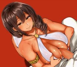 1boy 1girls after_paizuri alternate_costume animated armlet azur_lane bare_shoulders between_breasts black_hair blush breast_squeeze breasts brown_eyes censored center_opening closed_mouth collarbone commentary_request covered_nipples dark-skinned_female dark_skin dress earrings evening_gown eyebrows_visible_through_hair female from_above hair_between_eyes hair_over_shoulder huge_filesize jewelry large_breasts light_smile long_hair looking_down mitsugi native_american paizuri paizuri_under_clothes perpendicular_paizuri red_background sideboob simple_background sleeveless sleeveless_dress solo south_dakota_(azur_lane) straight ugoira white_dress