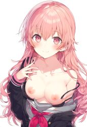 1girls ai_generated areola areolae blush blush bra breasts breasts breasts breasts_out cleavage clothed clothing female female_focus female_only high_resolution highres looking_at_viewer medium_breasts momoi_airi naked nipples partially_clothed partially_clothed_female partially_nude partially_undressed pink_eyes pink_hair pov project_sekai school schoolgirl solo solo_female solo_focus tits_out underwear uniform white_background