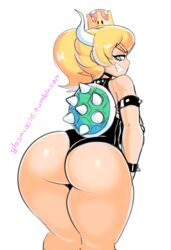 1girls armlet ass back_view big_ass blonde_hair blue_eyes bowsette bracelet bubble_butt clothed collar crown earrings eyelashes female female_only genderswap_(mtf) gloomyacid half-closed_eyes highres horns huge_ass humanoid humanoidized kneepits leotard looking_back mario_(series) new_super_mario_bros._u_deluxe nintendo ponytail presenting presenting_hindquarters rule_63 shell simple_background smile smirk solo solo_female spiked_armlet spiked_bracelet spiked_collar spiked_shell super_crown thick_thighs turtle_shell url voluptuous white_background wide_hips