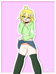 blonde_hair choker cropped_hoodie floral_foxingdale flower_in_hair green_eyes heart-shaped_pupils imxr24 original_character pink_background pussy pussy_juice skirt_lift thigh_highs white_outline