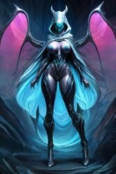 ai_generated android areola big_breasts blue_skin breasts cloak clothing female frame64_(artist) hood horns huge_thighs humanoid solo tagme thick_thighs warframe_(species) wide_hips wisp_(warframe)