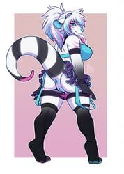 anthro anus ass bra breasts clothed clothing female lavenderpandy legwear looking_back mammal mustelid otter panties panties_down pussy skirt smile solo standing stockings thick_thighs thigh_highs underwear webbed_hands