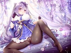 1girls breasts flower geko genshin_impact gloves keqing_(genshin_impact) medium_breasts panties panties_under_pantyhose pantyhose purple_eyes purple_hair solo solo_female solo_focus