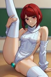 ai_generated arima_kana bobcut buttplug classroom detached_sleeves leg_up light_smile on_floor red_eyes red_hair sideboob sideless_outfit small_breasts spread_legs sweater teacher thighhighs virgin_killer_sweater virgin_slayer_sweater