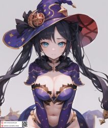 ai_generated aqua_eyes black_choker black_hair breasts capelet choker cleavage dmk_meow earrings female fur_collar fur_trim genshin_impact gold_trim grey_background hair_ornament hat hat_ornament highleg jewelry large_breasts long_hair long_sleeves looking_at_viewer medium_breasts mona_(genshin_impact) navel parted_lips patreon_username purple_headwear ribbon simple_background solo star_(symbol) star_earrings stomach thighs twintails witch_hat