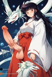 ai_generated big_penis black_hair inuyasha japanese_clothes kikyo_(inuyasha) medium_breasts outside sexy_body standing uncensored