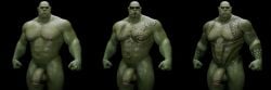 3d_(artwork) absurd_res balls digital_media_(artwork) fangs genitals green_body green_skin group hi_res humanoid humanoid_pointy_ears male markings musclegut muscular muscular_humanoid muscular_male nipples not_furry orc orc_male pecs penis tattoo teeth trio vein veiny_penis voluox