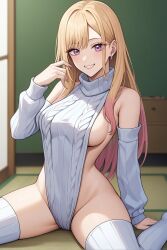 ai_generated bare_thighs blonde_hair detached_sleeves female groin kitagawa_marin large_breasts long_hair meme_attire on_floor pink_eyes pink_hair sideboob sideless_outfit skimpy_clothes smile solo sono_bisque_doll_wa_koi_wo_suru thighhighs two_tone_hair virgin_slayer_sweater wariza white_sweater