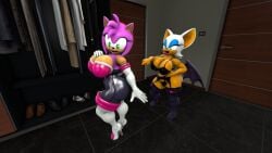 2girls 3d 3d_model alternate_breast_size amy_rose amy_the_bat anthro big_breasts bodysuit curvy_female female female_only furry lingerie mobian mobian_(species) mobian_bat multiple_girls neckline rouge_the_bat rouge_the_bat_(cosplay) sega sonic_(series) sonic_adventure_2 sonic_the_hedgehog_(series) spandex_suit