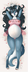 2018 anthro babydoll belly big_belly big_breasts black_hair blue_fur blush breasts canine clothing female fur hair hi_res lingerie mammal milk_jug navel nipples open_mouth panties pregnant purple_eyes pussy ready_to_pop seductive simple_background solo thick_thighs translucent underwear voluptuous wolf yukiashi