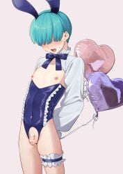 1boy absurdres animal_ears aqua_hair arms_behind_back balloon blue_bow blue_bowtie blush bow bowtie bridal_garter censored covered_navel crossdressing crotch_cutout fake_animal_ears femboy flaccid frills hair_over_eyes heart_balloon highres leotard long_bangs long_sleeves male_focus male_playboy_bunny omiyacha open_mouth original penis purple_background rabbit_ears revealing_clothes short_hair simple_background solo sweatdrop testicles