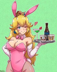 1girls akairiot alcohol blonde_hair blue_eyes bowtie breasts bunny_ears bunny_tail cocktail detached_collar earrings elbow_gloves fake_animal_ears fake_tail fishnet_pantyhose fishnets gloves hand_on_hip holding_tray large_breasts leotard long_hair looking_at_viewer mario_(series) nintendo pantyhose pink_leotard playboy_bunny princess_peach tray