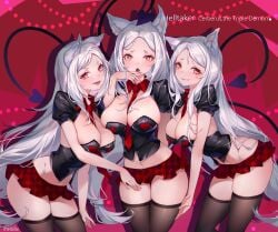 3girls cerberus_(helltaker) corset demon demon_tail dog_ears female female_only heart-shaped_pupils helltaker light-skinned_female melailai miniskirt red_eyes skirt stockings tagme thighhighs tie white_hair