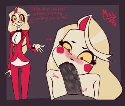 2_panel_comic 50k before_and_after blonde_hair blowjob blush charlie_morningstar_(hazbin_hotel) cheek_bulge comic demon_girl dialogue english english_text hazbin_hotel instant_loss_2koma lipstick_mark lipstick_on_penis malart saliva saliva_on_penis text text_bubble verbalase_(youtuber)