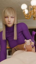 3d bangs blonde_hair breasts busty crop_top crop_top_overhang cropped_sweater dustedfountain emilie_de_rochefort female female_focus hourglass_figure long_hair male male_pov no_bra penis pov purple_eyes sex tagme tekken turtleneck turtleneck_sweater underboob wide_hips