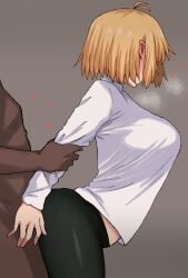 1boy 1girls alternate_breast_size arcueid_brunestud ass assjob big_breasts blonde_hair blush breasts breasts_bigger_than_head bubble_butt grabbing_arm grabbing_from_behind grinding heart holding_arm huge_ass huge_boobs huge_breasts humping implied_penetration implied_sex large_ass large_breasts looking_away looking_back maz_515 melty_blood pantyhose penetration plump side_view steaming_body sweat sweater thick thick_thighs top_heavy tsukihime wide_hips