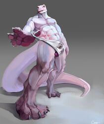 anthro balls bulge cathricorn clothing lizard looking_at_viewer male male_only muscular muscular_male reptile scalie sheer_clothing solo standing thick_thighs tongue tongue_out translucent transparent_clothing underwear