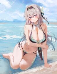 1girls :) bare_shoulders belly big_breasts bikini black_bikini black_swimsuit blush bra breasts chest cleavage detached_collar earrings female female_only firefly_(honkai:_star_rail) grey_hair hairband hand_in_sand hand_on_arm hand_on_own_chest head_tilt highres honkai:_star_rail honkai_(series) large_breasts legs light-skinned_female long_hair looking_at_viewer navel ocean panties purple_eyes ru_zhai sitting sitting_in_water smile smiling smiling_at_viewer solo stomach swimsuit thick_thighs thighs tight_bikini water white_hair wide_hips