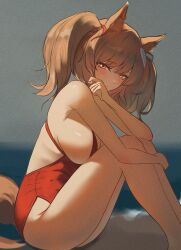 1girls angelina_(arknights) angelina_(summer_flowers)_(arknights) animal_ears arknights blonde_hair cat_ears cute female female_only fox_ears fox_girl fox_tail fringe hi_res one-piece_swimsuit petite sideboob slim swimsuit teenager twintails ysthl