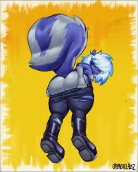 alternative_fashion anthro ass big_butt bloo_berry_(melon_sweet_doe) blue_body blue_fur blue_highlights bottomwear clothing denim denim_bottomwear denim_clothing fluffy fluffy_tail fur hair hair_over_eyes highlights_(coloring) jeans male mammal mephitid nipple_piercing nipples pants pastelassz piercing presenting presenting_hindquarters pulling_pants_down punk skunk solo tail torn_bottomwear torn_clothing torn_jeans torn_pants white_hair