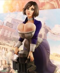 3d areola_slip areolae bending_forward big_breasts bioshock bioshock_infinite blue_eyes bolero breasts brown_hair busty choker cleavage corset elizabeth_comstock female female_focus female_only hanging_breasts high_heels hourglass_figure huge_breasts large_breasts makeup overflowing_breasts pinup pinup_pose sekaithereturn short_hair skirt tagme wide_hips