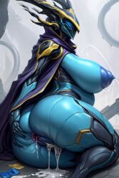 after_sex ai_generated anal android anus areola ass belly big_breasts big_butt blue-skinned bodily_fluids breasts butt-spreading cloak clothing cum cum_in_ass cum_inside cumflation female frame64_(artist) gaping gaping_anus gaping_pussy genital_fluids genitals hood horn huge_thighs humanoid inflation lactating lying machine milk nipples presenting presenting_anus presenting_hindquarters presenting_pussy pussy robot sex sexual solo spread tagme thick_thighs warframe_(species) wide_hips