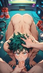 ai_generated big_penis blowjob boku_no_hero_academia caressing caressing_head cum cumshot deepthroat doggy_style_blowjob fellatio football football_game gay green_eyes green_hair hand_on_own_penis izuku_midoriya male male/male my_hero_academia oral penis pov tv yamixxxai yaoi