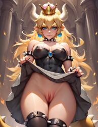 1girls ai_generated blonde_hair bowsette breasts budenhoso female female_focus female_only flashing flashing_pussy lifting_skirt mario_(series) nintendo pussy stable_diffusion super_mario_bros. tail