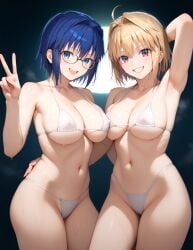 2girls ahoge ai_generated alternate_breast_size arched_back arcueid_brunestud armpits arms_behind_back bedroom_eyes big_breasts bikini blonde_hair blue_hair bra breasts_bigger_than_head ciel_(tsukihime) curvy female_pervert glasses hands_behind_head hips huge_boobs huge_breasts human large_boobs large_breasts melty_blood panties posing red_eyes seducing seducing_viewer short_hair skimpy_bikini swimsuit top_heavy tsukihime type-moon vampire vampire_girl wide wide_hips