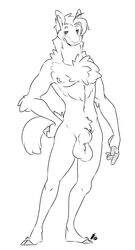 animal_genitalia anthro balls blush camelid chest_tuft grin hand_on_hip kyubikun line_art llama looking_at_viewer male male_only mammal neck_tuft nipples nude pubes sheath smile solo standing tuft