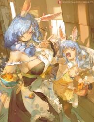 absurd_res big_breasts blue_and_white_hair blush breasts_bigger_than_head bunny_ears bunny_girl bunny_tail carrot cutesexyrobutts food fully_clothed funny hair_covering_eye heart heart_symbol hololive hololive_japan kitchen large_breasts milf mother_and_daughter pekomama red_eyes side_boob size_difference small_breasts tagme thick_thighs two_tone_hair usada_pekora v_sign virtual_youtuber
