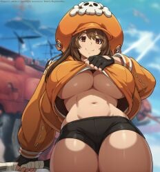 1girls ai_generated alternate_body_type alternate_breast_size big_breasts big_breasts big_breasts bike_shorts black_gloves black_shorts breasts brown_hair busty cleavage clothing cowboy_shot curvy female female_only fingerless_gloves fully_clothed gloves guilty_gear guilty_gear_strive hair_between_eyes hat highres hoodie hoodie_lift huge_breasts img2img large_breasts large_hat lifted_by_self long_sleeves looking_at_viewer looking_down may_(guilty_gear) medium_hair navel no_bra orange_clothing orange_eyes orange_hat orange_hoodie pirate_hat presenting presenting_breasts skull_and_crossbones smile smiling solo standing teasing thick thick_thighs underboob undressing voluptuous wide_hips