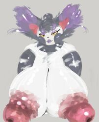 bottomless cat_ears gray_fur huge_breasts huge_nipples hyper_nipples long_ears long_nipples plump pokemon pokemon_(species) puffy_nipples purple_fur purple_lipstick purugly skittali tagme white_fur yellow_sclera