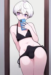 1boy ai_generated aroused aroused_face bra crossdressing cute erection femboy gay horny jonnyjonn longing_eyes novelai oc original_character pale_skin purple_eyes selfie selfie_pose thanatos_(jonnyjonn) thick_thighs underwear white_hair womens_lingerie